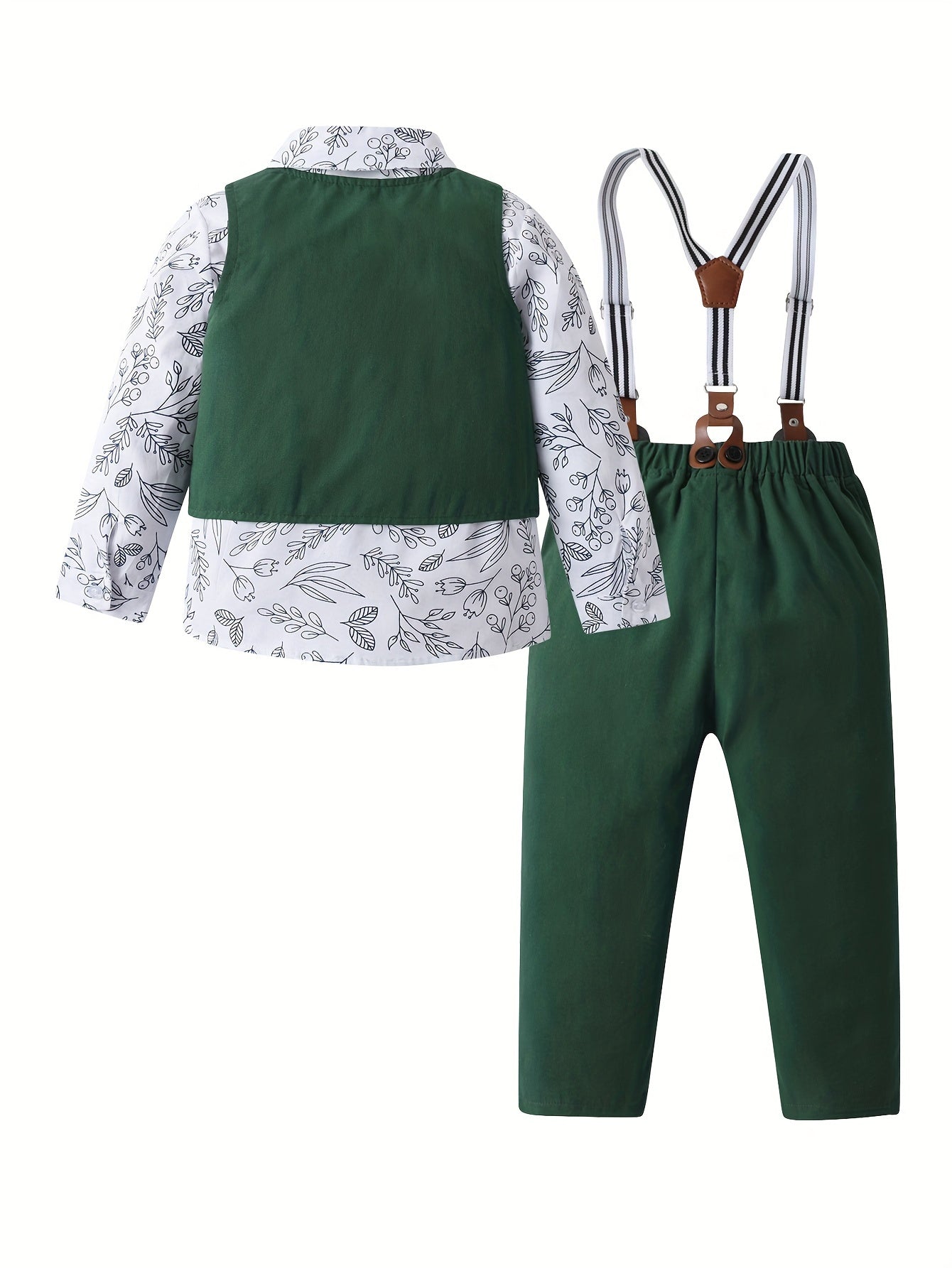 3ocs Boys Formal Gentleman Outfits, Long Sleeve Leaves Print Bowtie Shirt & Suspender Pants & Vest, Kids Clothing Set For Competition Performance Wedding Banquet Dress Outdoor Set