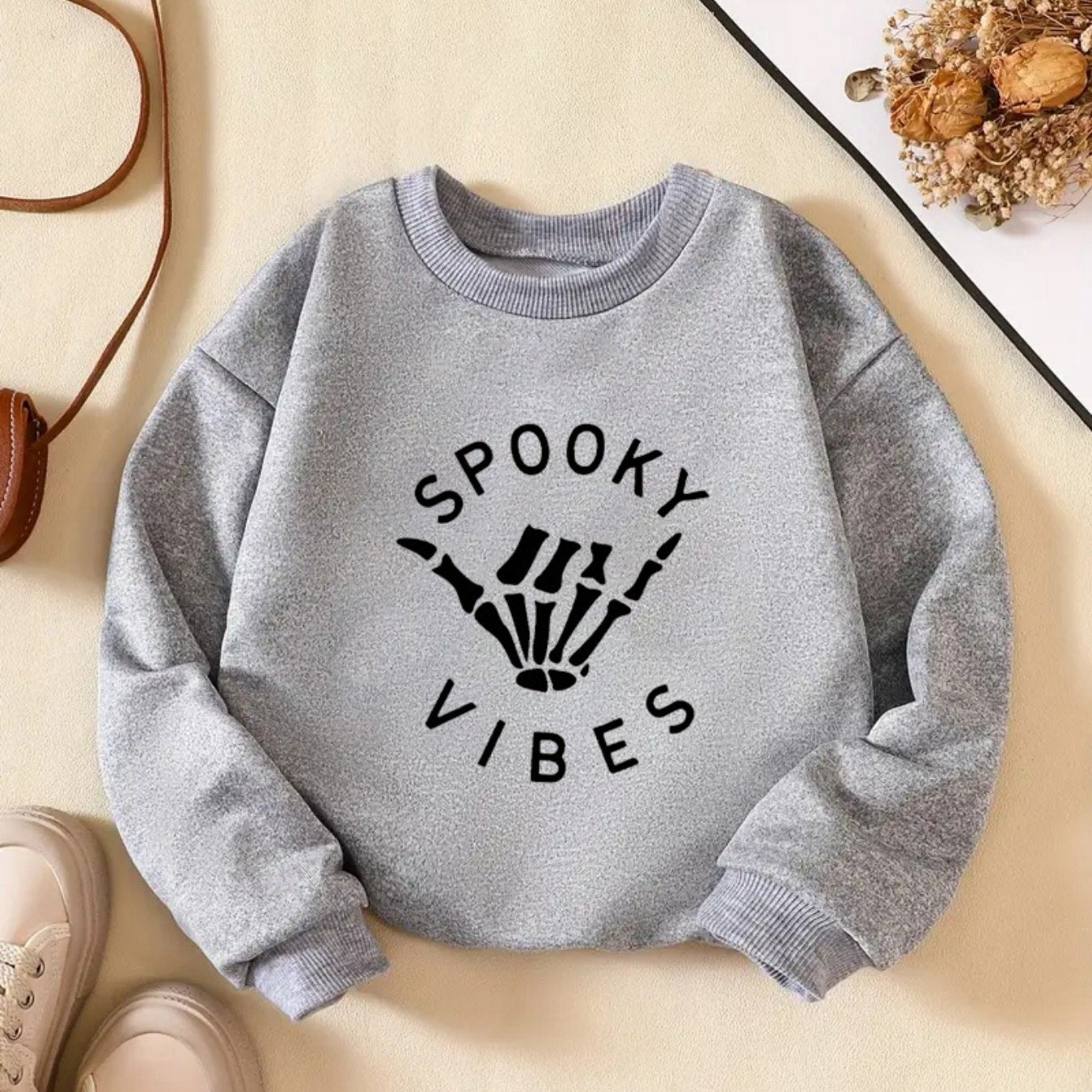 ''Spooky Vibe'' Print Girls Sweatshirt, Crew Neck Comfy Holiday Halloween Party Casual Tops, Kids Clothing For Fall/ Winter/ Spring