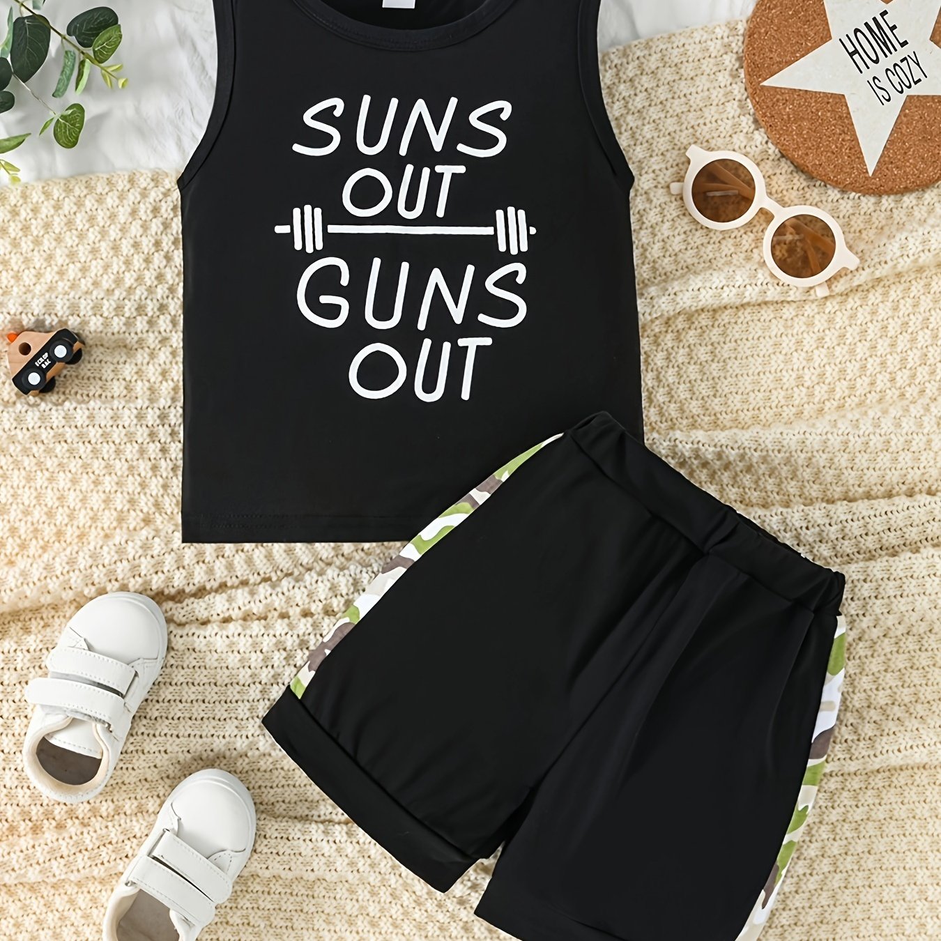 2pcs Letter Graphic Print Boys Creative Sleeveless Tank Tops&Shorts Set, Casual Crew Neck Fitness Vest&Shorts, Kids Clothing