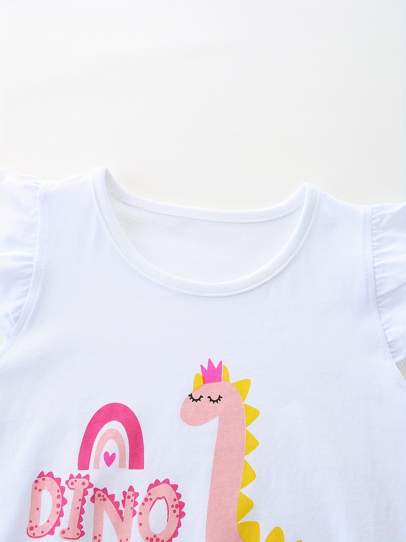 Adorable Dinosaur Toddler Girls' Summer Outfit - Ruffled Sleeve Cotton Tank Top and Shorts Set - Comfortable, Breathable, and Soft Kids Clothing for Sizes 2-7 Years Old