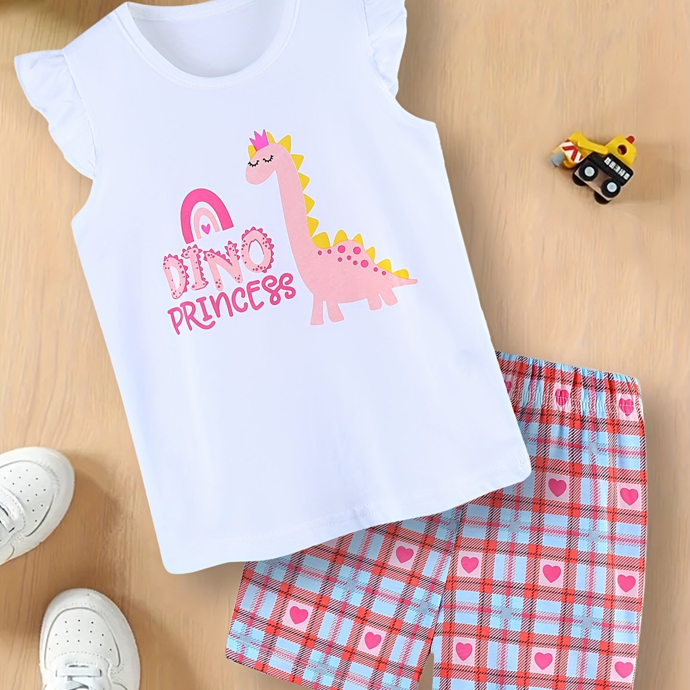 Adorable Dinosaur Toddler Girls' Summer Outfit - Ruffled Sleeve Cotton Tank Top and Shorts Set - Comfortable, Breathable, and Soft Kids Clothing for Sizes 2-7 Years Old