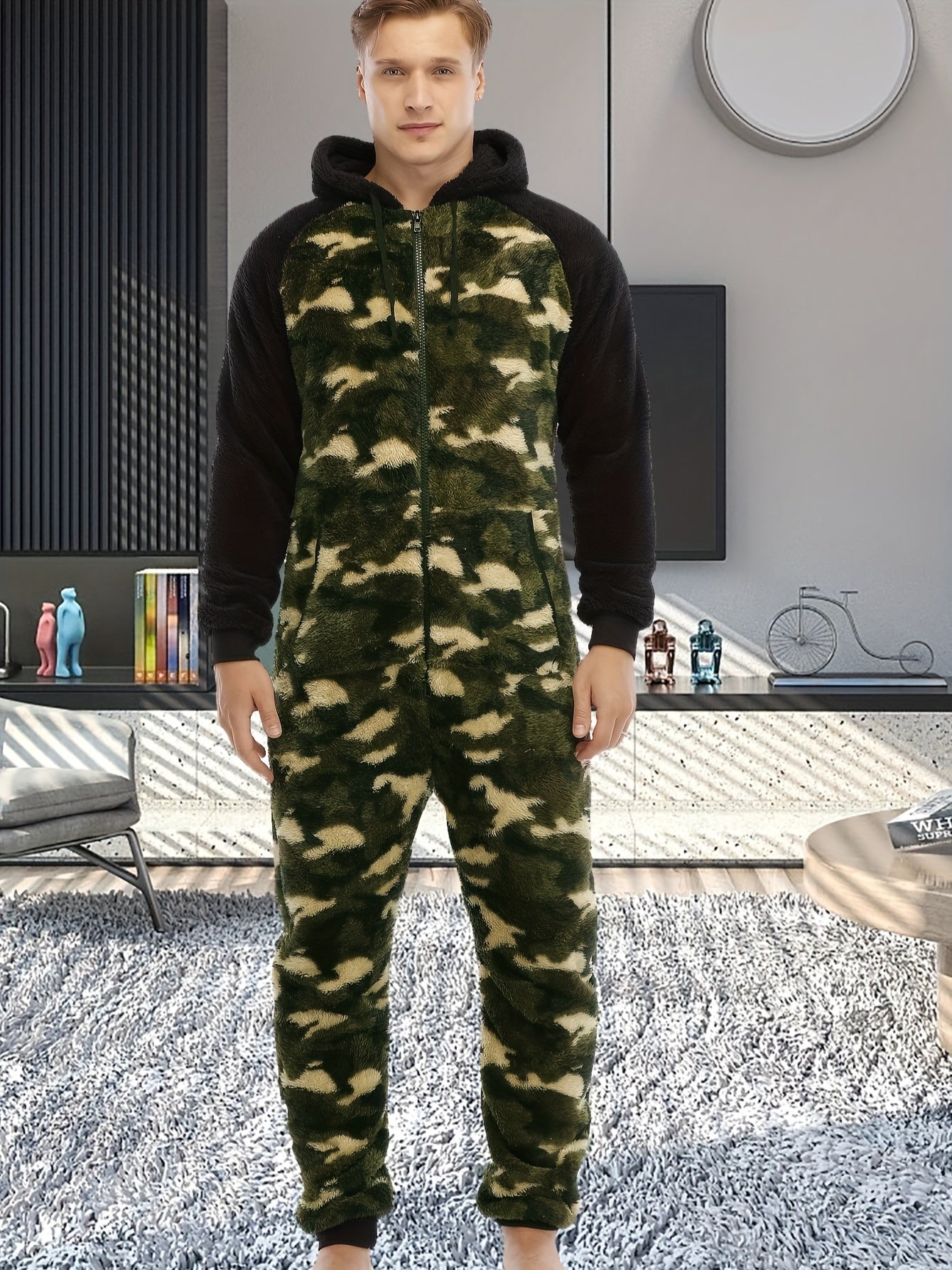 Stylish Camo Hooded Drawstring One Piece Pajamas for Men - Novelty & More Clothing - Soft, Cozy, and Comfortable Sleepwear with Adjustable Hood and Drawstring Waist - Fun and Quirky Design for Casual Lounging
