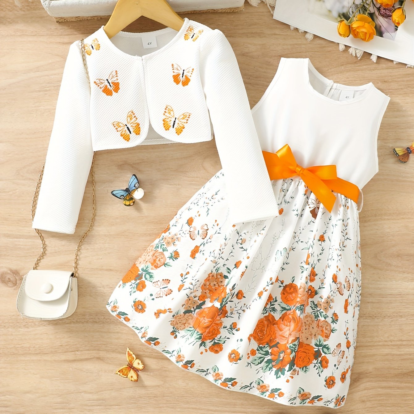 2pcs Little Girl Butterfly Dresses Outfit: Floral Tank Dress And Graphic Cardigan Top Set, For Cute And Casual Look, Kids Clothing Gift