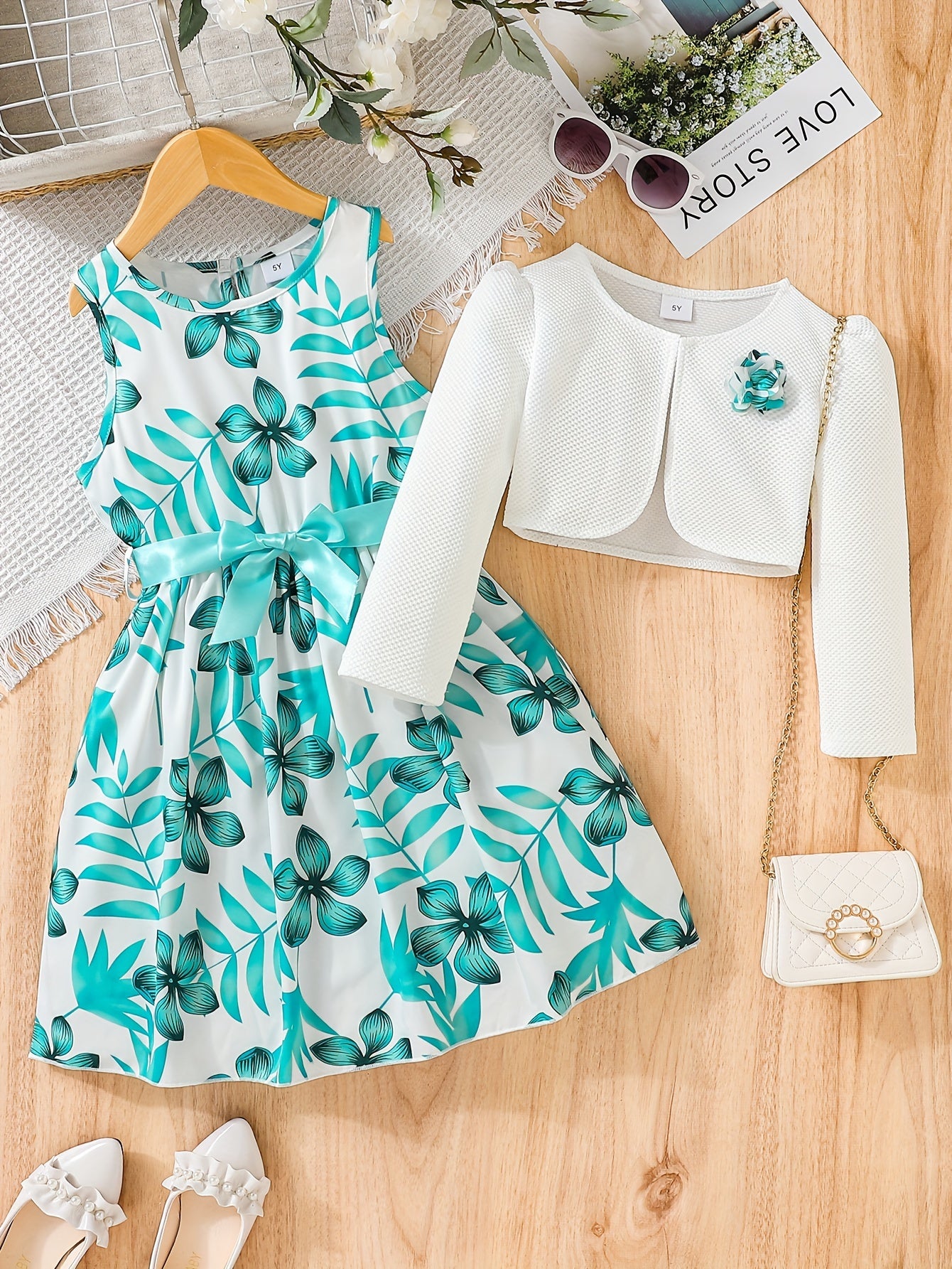 2pcs Little Girl Butterfly Dresses Outfit: Floral Tank Dress And Graphic Cardigan Top Set, For Cute And Casual Look, Kids Clothing Gift