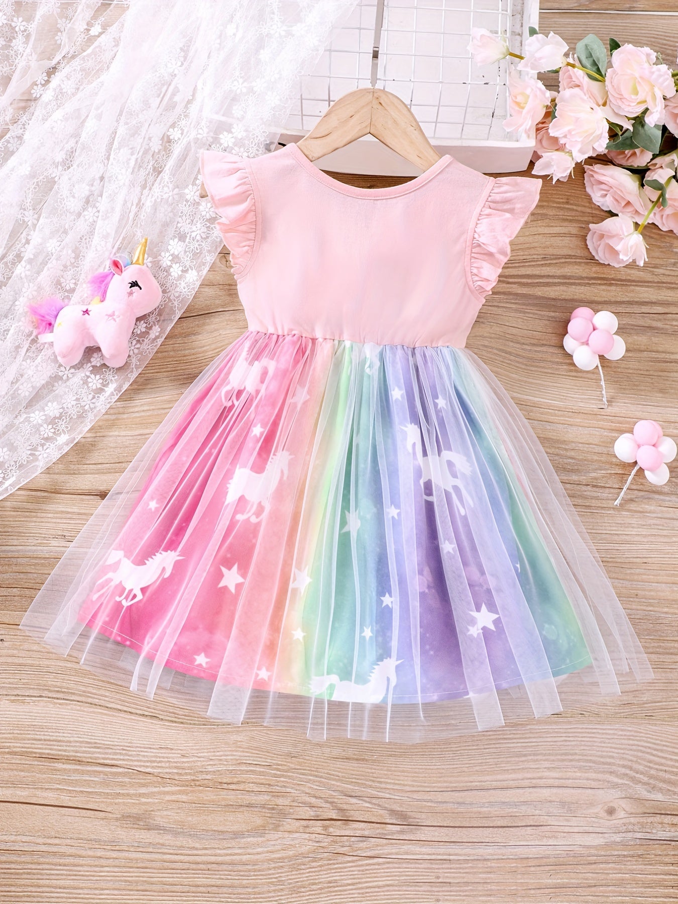 Unicorn Ruffled Sleeveless Dress for Girls, Summer Kids Clothing with Mesh Detail