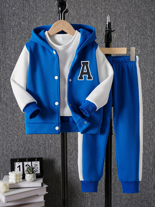 2pcs Boys Color Block Long Sleeve Drop Shoulder Varsity Hooded Baseball Jacket & Casual Pants Outfit for Spring Fall Outdoor Wear, Loose Fit Kids Clothing