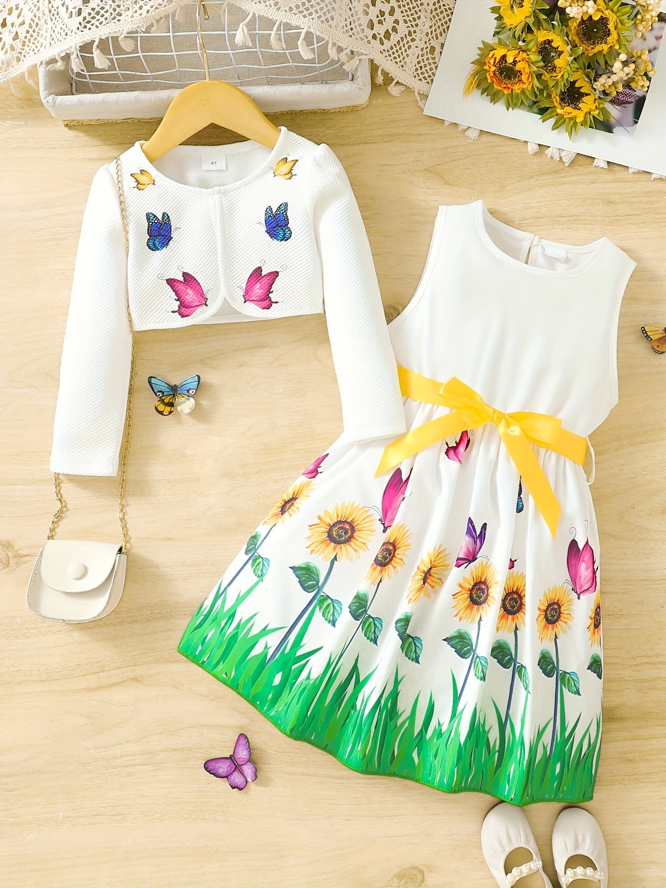 2pcs Little Girl Butterfly Dresses Outfit: Floral Tank Dress And Graphic Cardigan Top Set, For Cute And Casual Look, Kids Clothing Gift