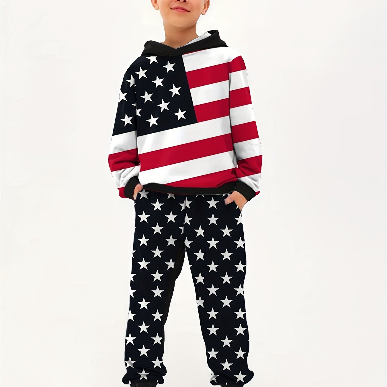 1set Youth American Flag Print Hoodie and Pants Set - Casual Style Polyester Knitwear with Spandex Stretch, Regular Fit, Geometric Pattern, Pockets - Perfect Outfit for Little Champions, Kids Clothing Gift Idea, For Outdoor