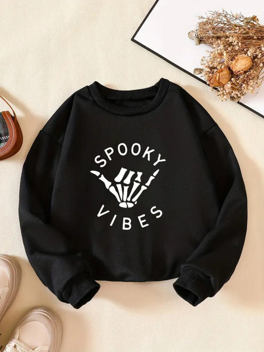 ''Spooky Vibe'' Print Girls Sweatshirt, Crew Neck Comfy Holiday Halloween Party Casual Tops, Kids Clothing For Fall/ Winter/ Spring