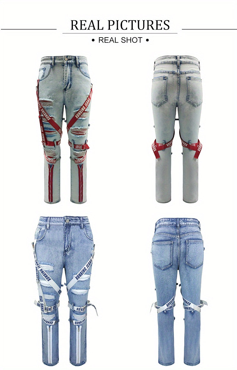 Stylish Bandage Accent Jeans - Men's Trendy Denim Pants for Spring Summer - Casual Street Style, Zipper Decor, Comfortable Fit, Fashionable Clothing for Men