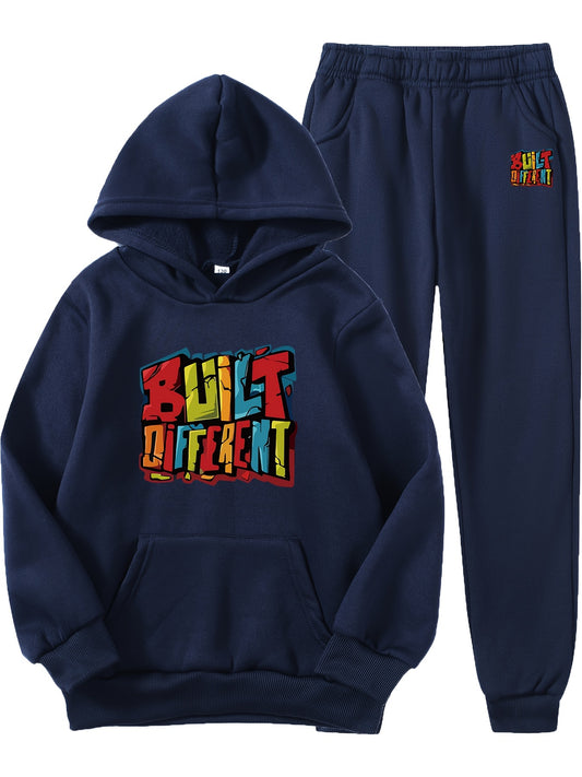 2 Pcs Boys' Built Different Letter Print Hooded Outfit Set - Hoodie & Pants Combo, Kids' Clothing, Ideal Gift for Boys