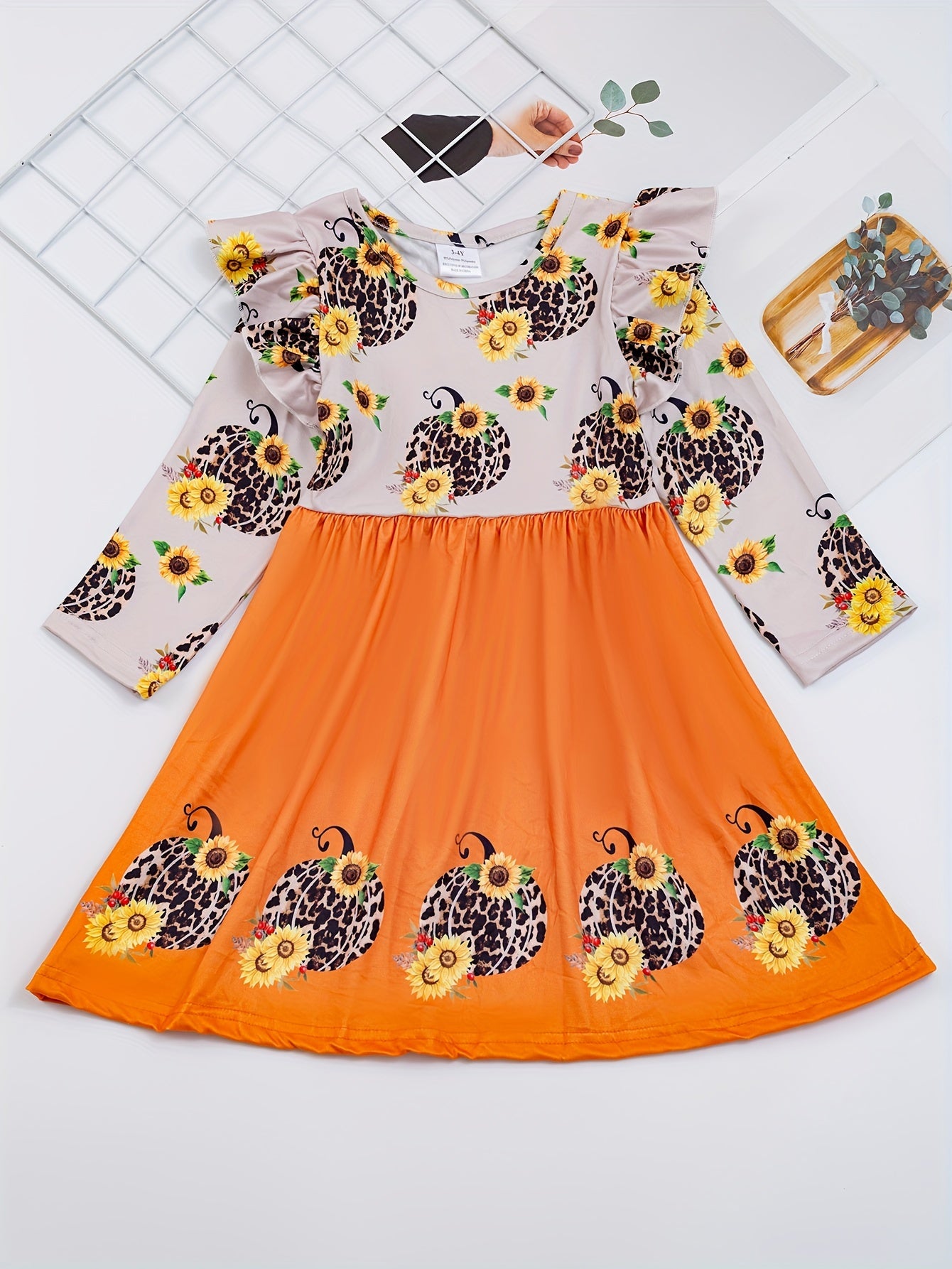 Cute Turkey Print Flutter Trim Dress for Girls, Spring/Fall Party Kids Clothing