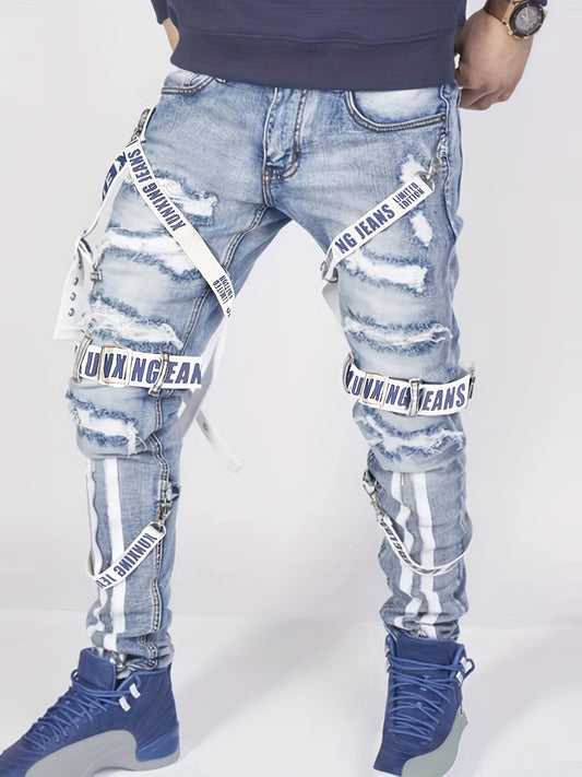 Stylish Bandage Accent Jeans - Men's Trendy Denim Pants for Spring Summer - Casual Street Style, Zipper Decor, Comfortable Fit, Fashionable Clothing for Men