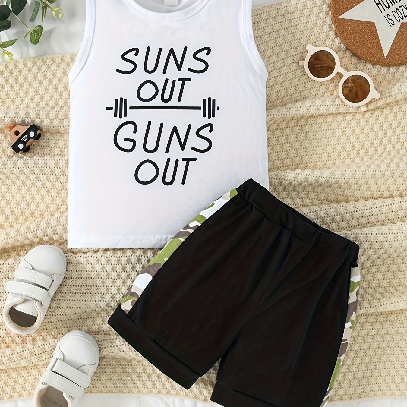 2pcs Letter Graphic Print Boys Creative Sleeveless Tank Tops&Shorts Set, Casual Crew Neck Fitness Vest&Shorts, Kids Clothing