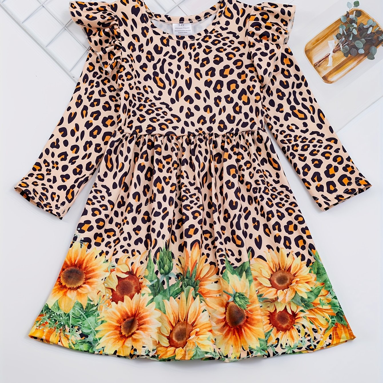 Cute Turkey Print Flutter Trim Dress for Girls, Spring/Fall Party Kids Clothing