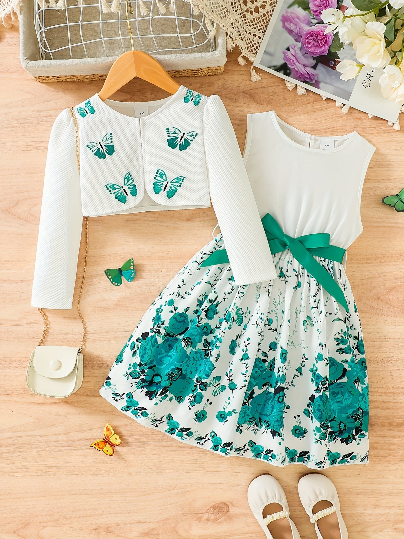 2pcs Little Girl Butterfly Dresses Outfit: Floral Tank Dress And Graphic Cardigan Top Set, For Cute And Casual Look, Kids Clothing Gift