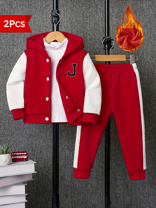 2pcs Boy's Long Sleeve Color Block Drop Shoulder Varsity Hooded Baseball Jacket & Casual Pants Outdoor Outfit, Kids Clothing For Spring Fall