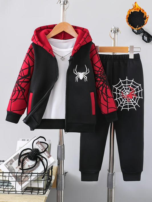 2-Piece Boys' Outfit, Casual Fashion Thickened Fleece with Spider Web Print, Hooded Zip-Up Sweatshirt and Pants Set, Comfortable Versatile Trendy Kids' Clothing, Ideal Gift for Autumn/Winter, Polyester Material, Regular Fit,