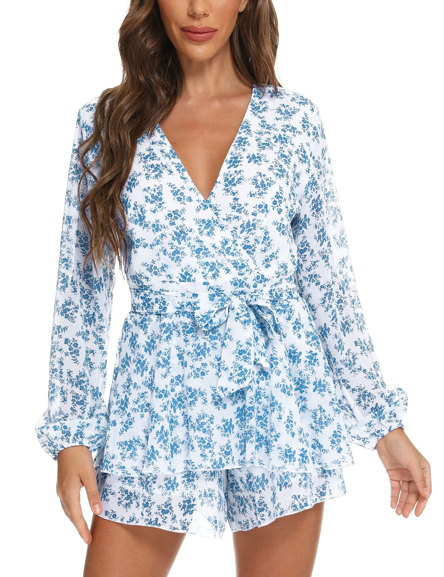 Chic Spring/Fall Polka-dot V-neck Jumpsuit with Ruffle Hem - Durable & Semi-Sheer Everyday Romper for Women