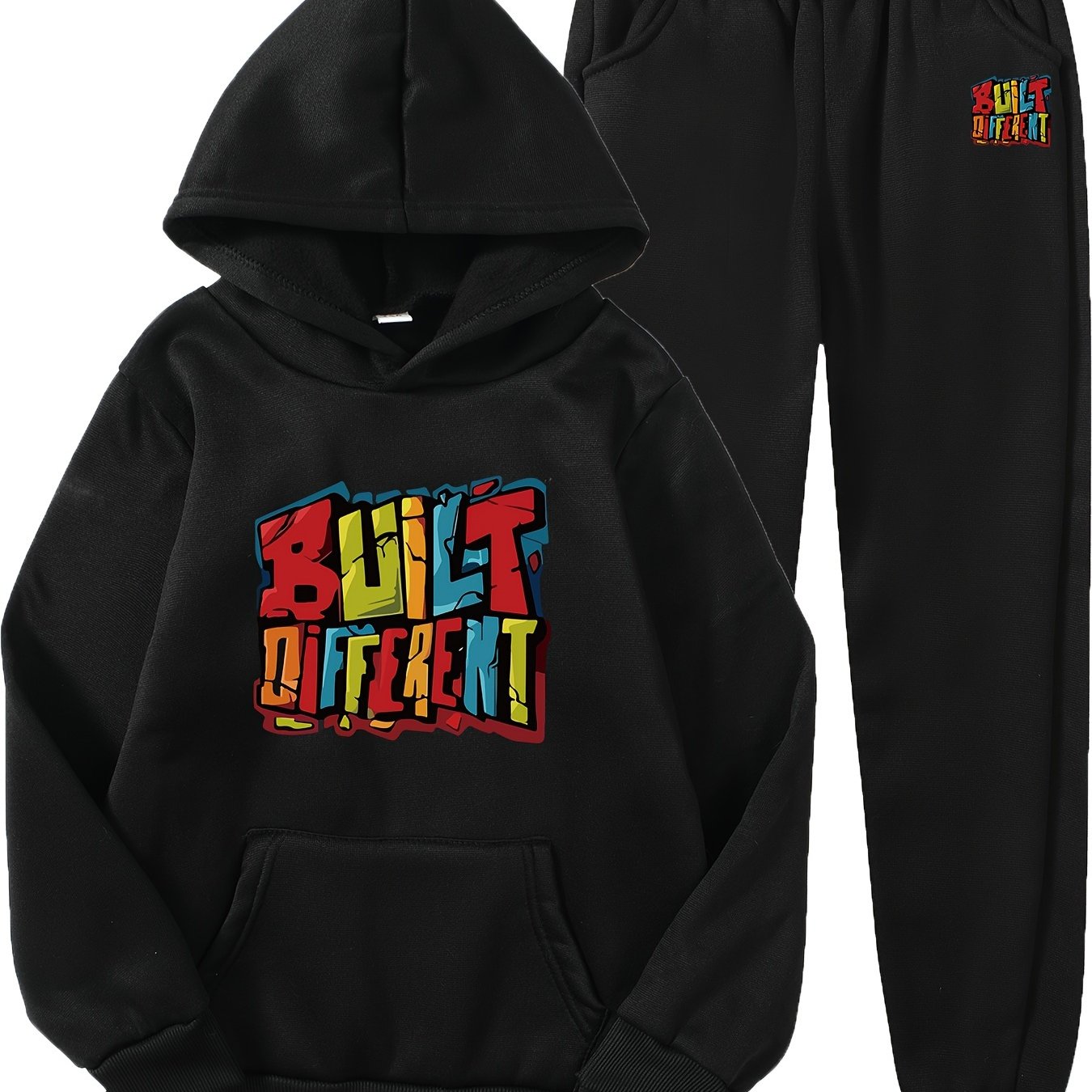 2 Pcs Boys' Built Different Letter Print Hooded Outfit Set - Hoodie & Pants Combo, Kids' Clothing, Ideal Gift for Boys