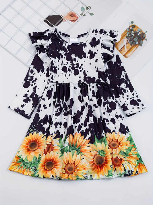 Cute Turkey Print Flutter Trim Dress for Girls, Spring/Fall Party Kids Clothing