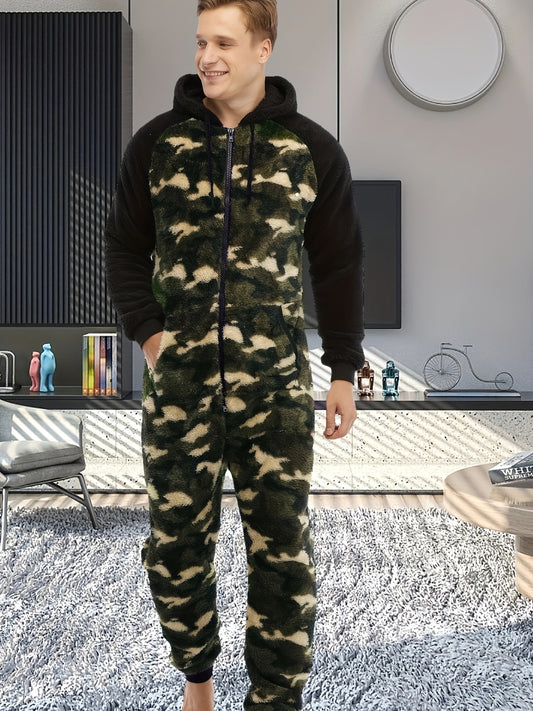 Stylish Camo Hooded Drawstring One Piece Pajamas for Men - Novelty & More Clothing - Soft, Cozy, and Comfortable Sleepwear with Adjustable Hood and Drawstring Waist - Fun and Quirky Design for Casual Lounging