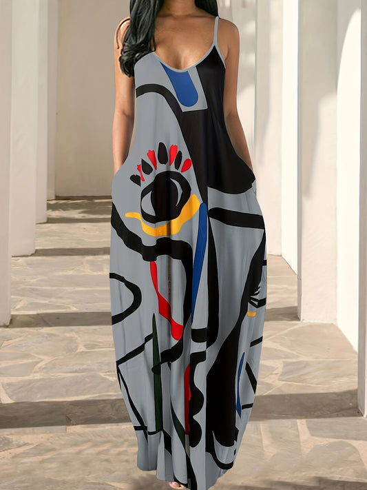 Flowing Maxi Sundress - Vibrant Abstract Art Print - Breezy Spaghetti Straps - Versatile Summer Attire for Women