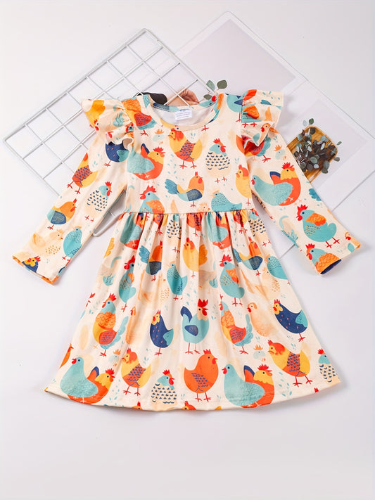 Cute Animal Print Ruffled Sleeve Round Neck Dress for Girls, Summer Kids Clothing