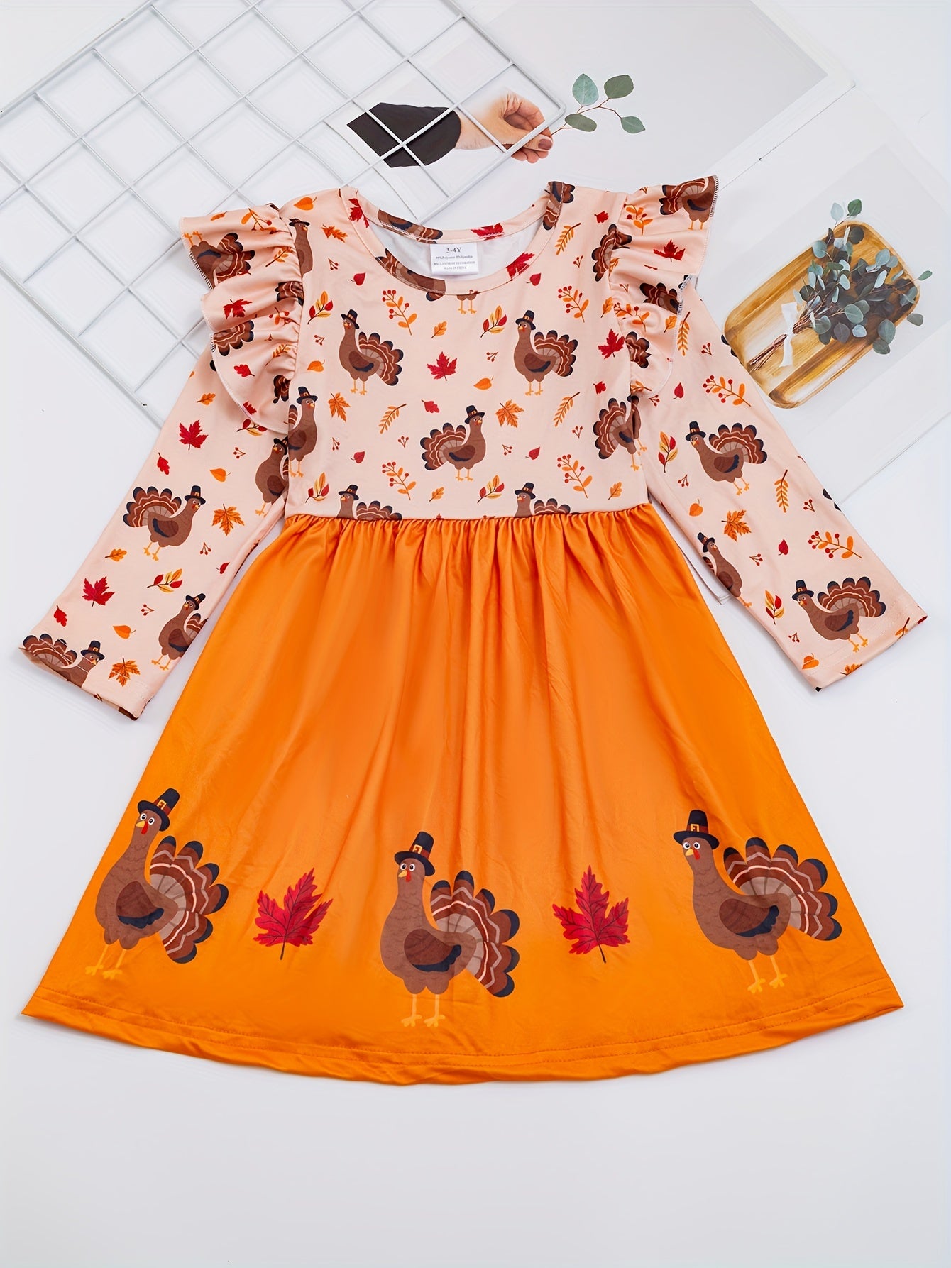 Cute Turkey Print Flutter Trim Dress for Girls, Spring/Fall Party Kids Clothing