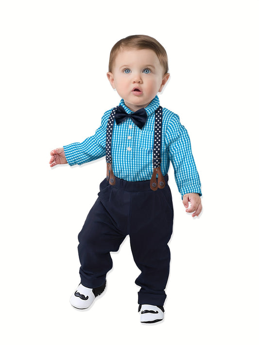 4pcs Boys Formal Gentleman Outfits Long Sleeve Bowtie Shirt&Suspender Pants&Vest, Kids Clothing Set For Competition Performance Wedding Banquet Dress