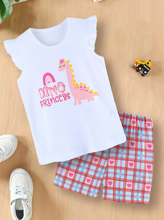Adorable Dinosaur Toddler Girls' Summer Outfit - Ruffled Sleeve Cotton Tank Top and Shorts Set - Comfortable, Breathable, and Soft Kids Clothing for Sizes 2-7 Years Old