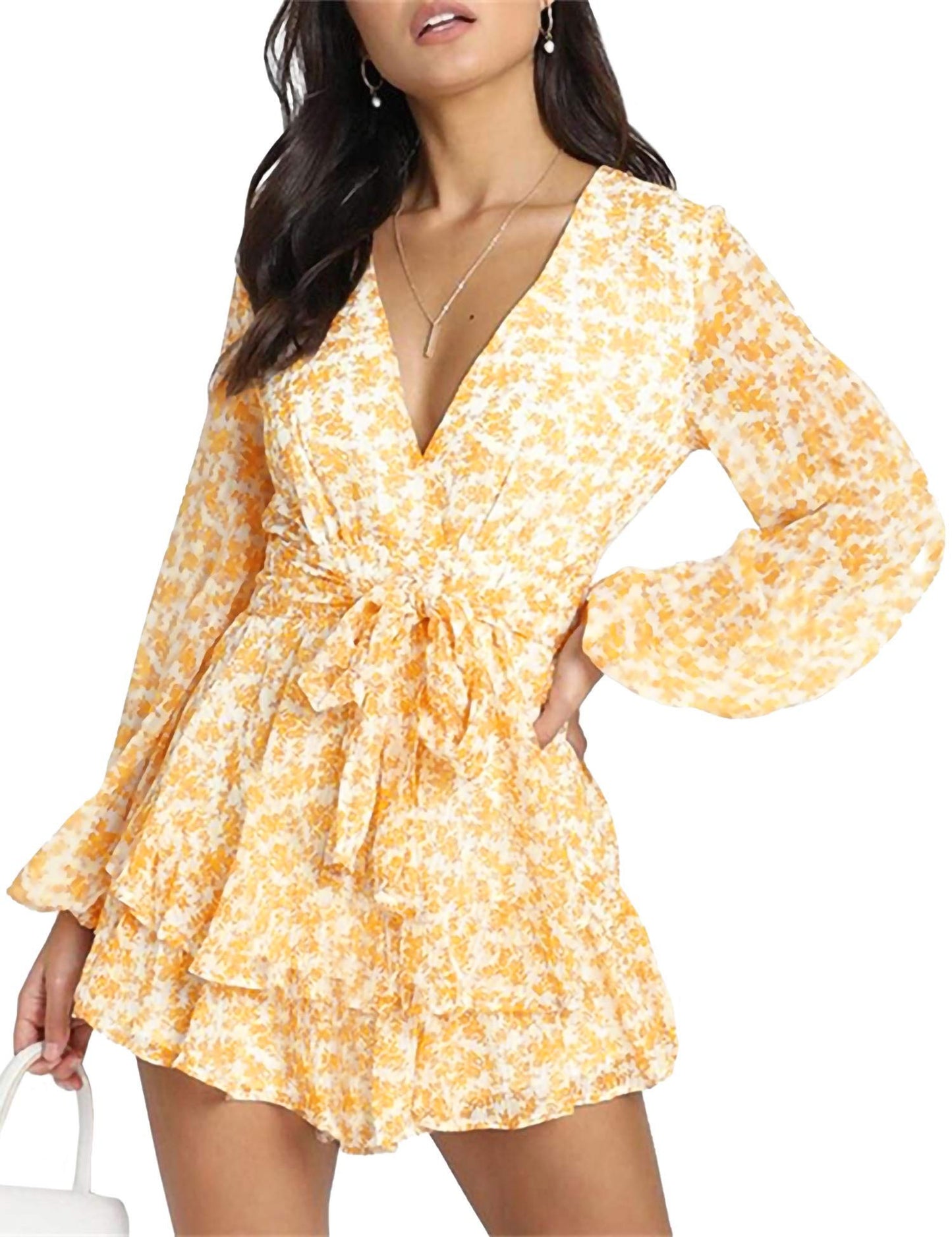 Chic Spring/Fall Polka-dot V-neck Jumpsuit with Ruffle Hem - Durable & Semi-Sheer Everyday Romper for Women