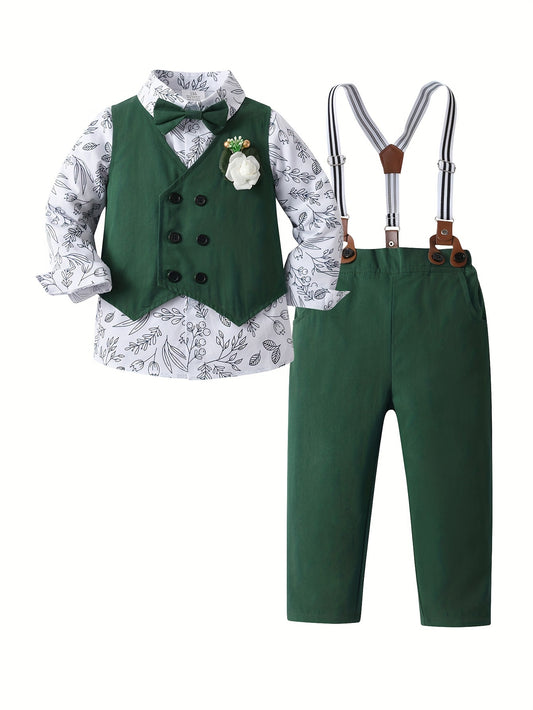 3ocs Boys Formal Gentleman Outfits, Long Sleeve Leaves Print Bowtie Shirt & Suspender Pants & Vest, Kids Clothing Set For Competition Performance Wedding Banquet Dress Outdoor Set