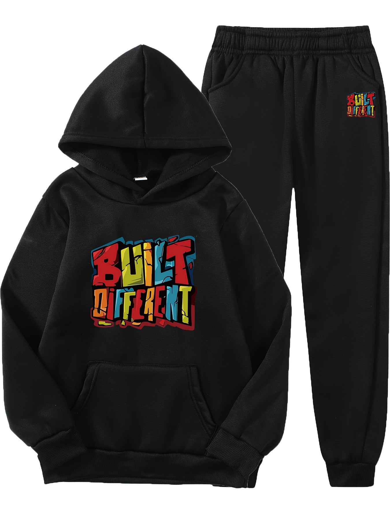 2 Pcs Boys' Built Different Letter Print Hooded Outfit Set - Hoodie & Pants Combo, Kids' Clothing, Ideal Gift for Boys