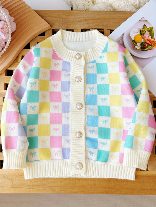 Cozy Girls' Knit Sweater Coat - Vibrant Colorful Plaid, Elegant Pearl Buttons, Warm, Soft, and Comfortable - Perfect for Fall and Winter, Kids Clothing