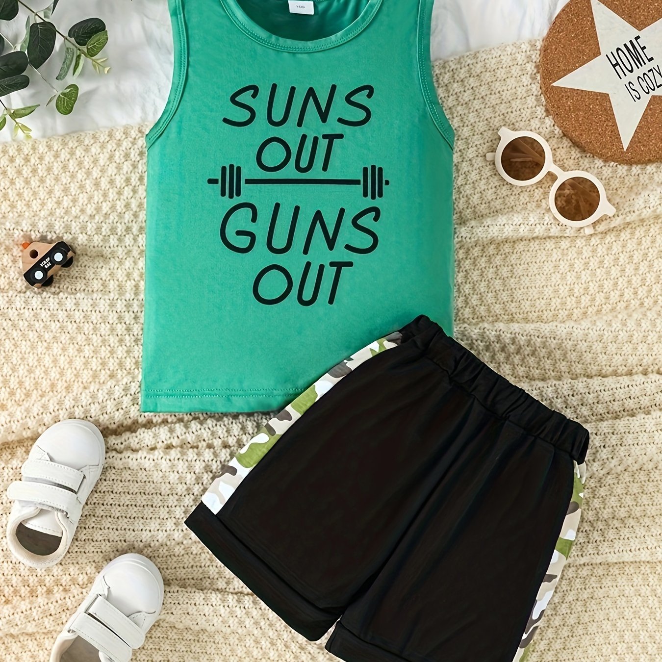 2pcs Letter Graphic Print Boys Creative Sleeveless Tank Tops&Shorts Set, Casual Crew Neck Fitness Vest&Shorts, Kids Clothing