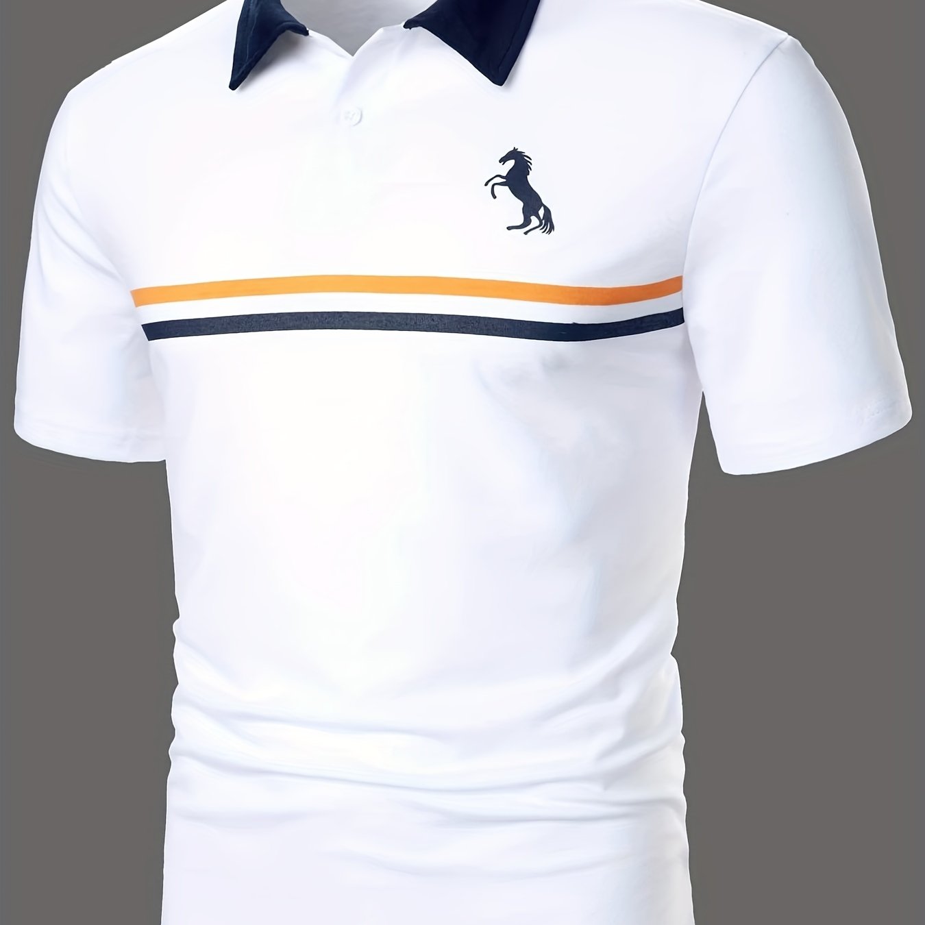 Stripe & Horse Print Men's Short Sleeve Polo Shirt, Comfy Casual Male Shirt For Golf Sports, Gift For Men