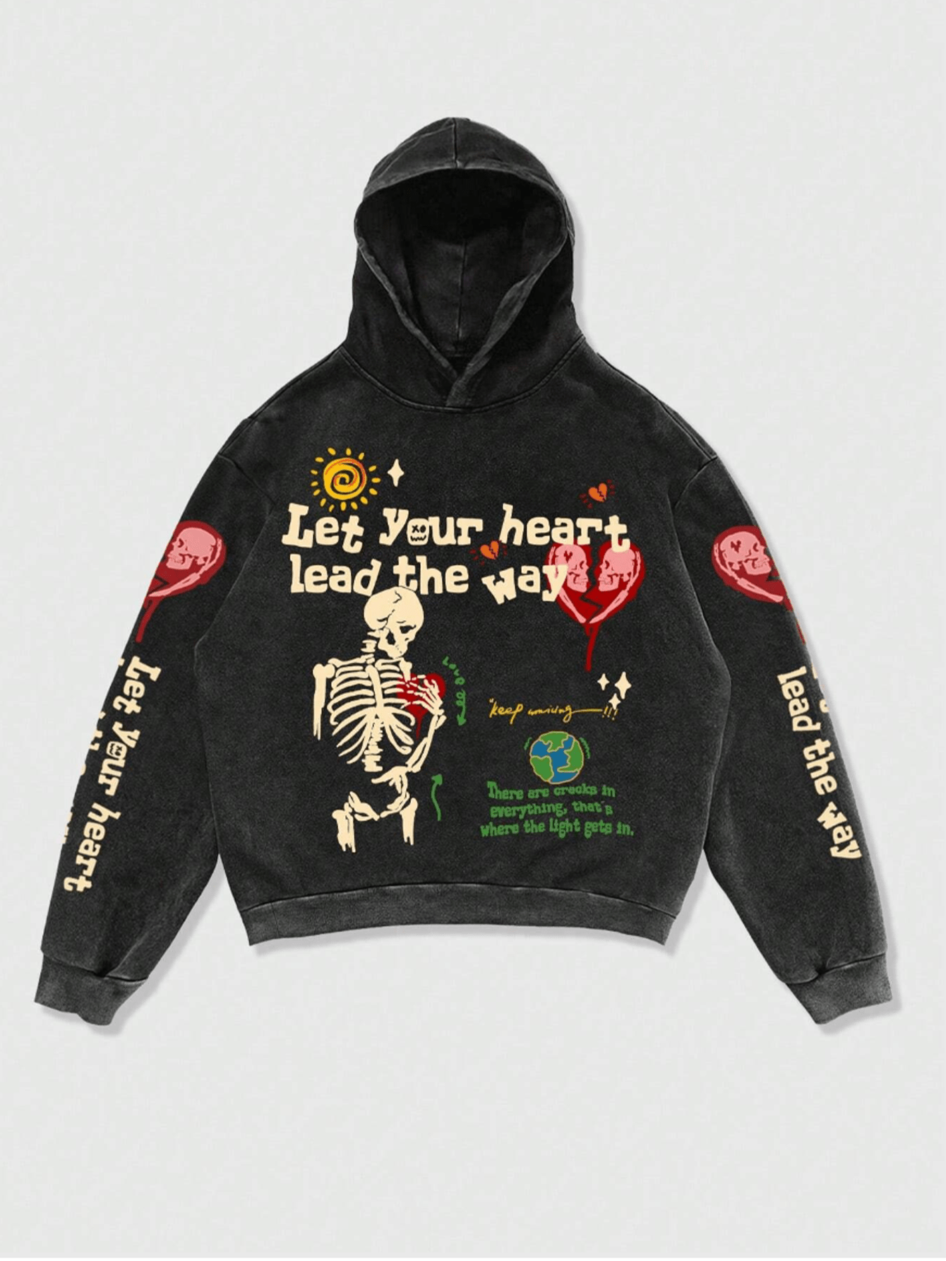 Let your heart lead the way Retro Y2K Hoodie Gothic Casual Alphabet Blast Print Pattern Skull Fashion Hoodie Men Harajuku Men Clothing