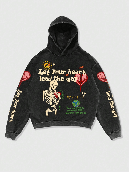 Let your heart lead the way Retro Y2K Hoodie Gothic Casual Alphabet Blast Print Pattern Skull Fashion Hoodie Men Harajuku Men Clothing