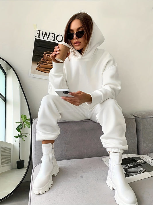 2pcs Chic Solid Color Tracksuit Set - Comfy Long Sleeve Hoodie & High-Waisted Joggers with Pockets, Versatile Casual Wear for Women
