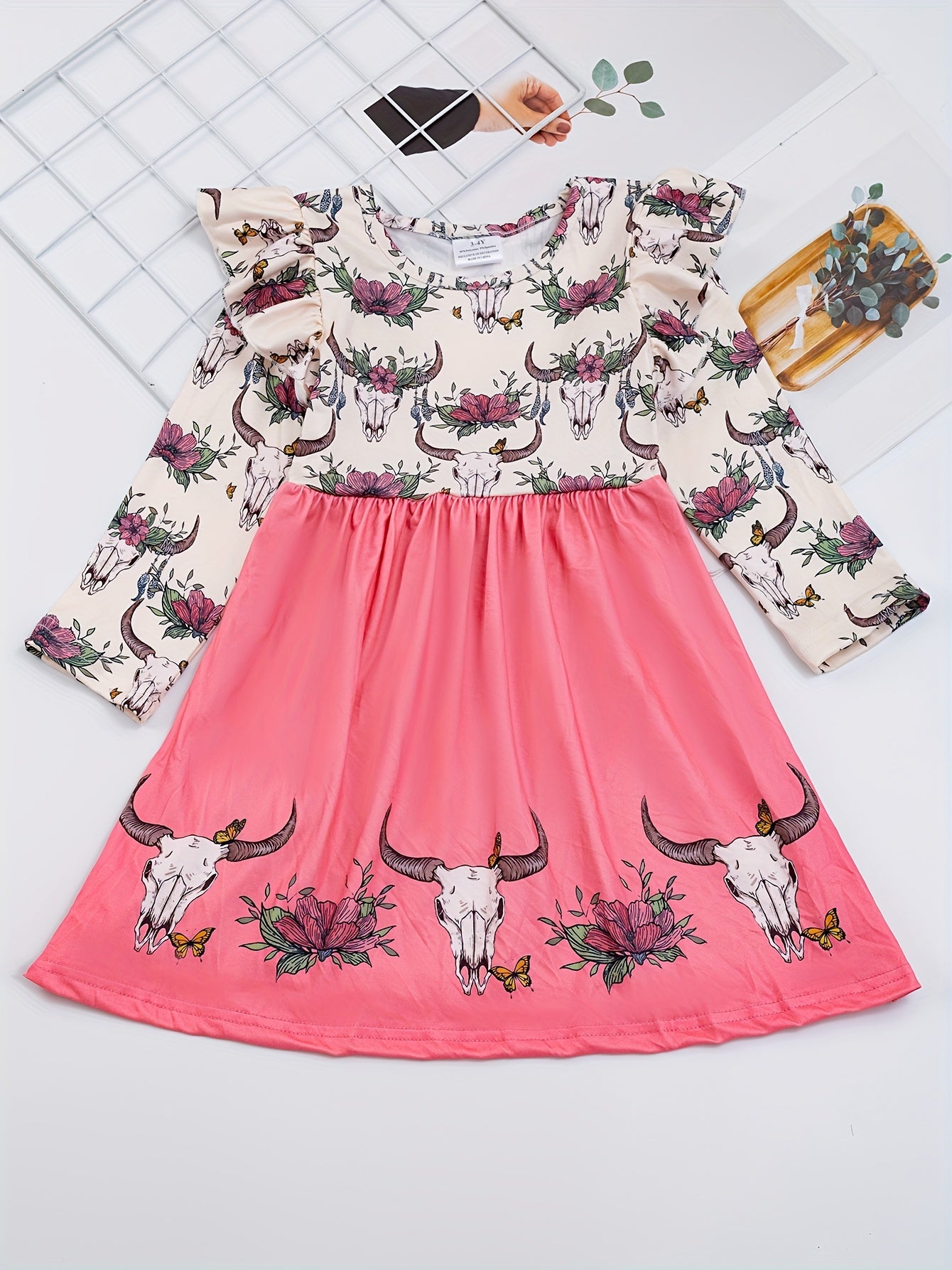 Cute Turkey Print Flutter Trim Dress for Girls, Spring/Fall Party Kids Clothing