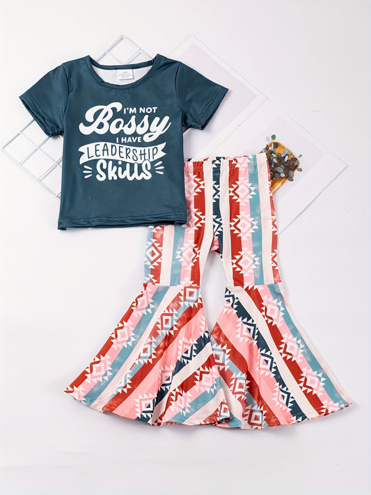 2pcs Girls' Chic Letter Graphic Tee & Flare Leg Pants Set - Comfortable Round Neck, Short Sleeve, Elastic Waist, Striped Abstract Graphic, Spring Summer Kids' Clothing