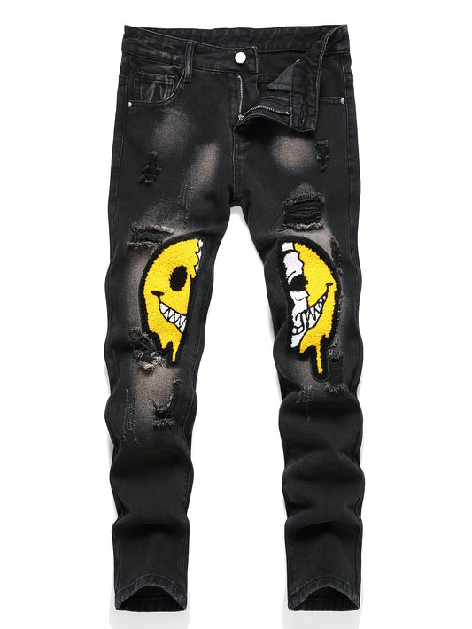 Trendy Boys' Ripped Skull Patched Slim Fit Jeans - Stylish Washed Denim Long Pants with Smile Face Design, Outdoor Kids' Clothing for Active Play