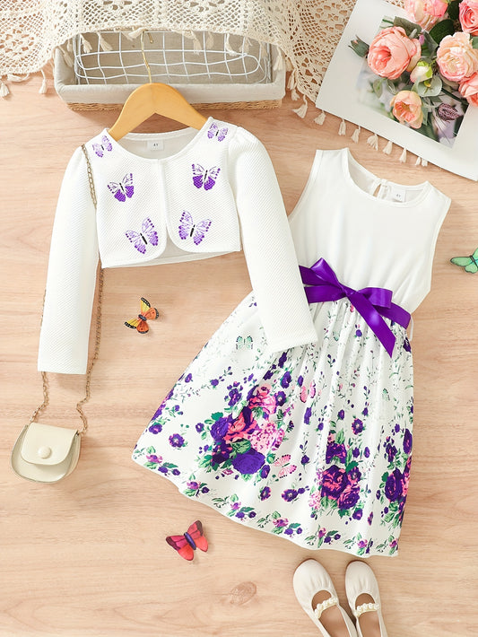 2pcs Little Girl Butterfly Dresses Outfit: Floral Tank Dress And Graphic Cardigan Top Set, For Cute And Casual Look, Kids Clothing Gift
