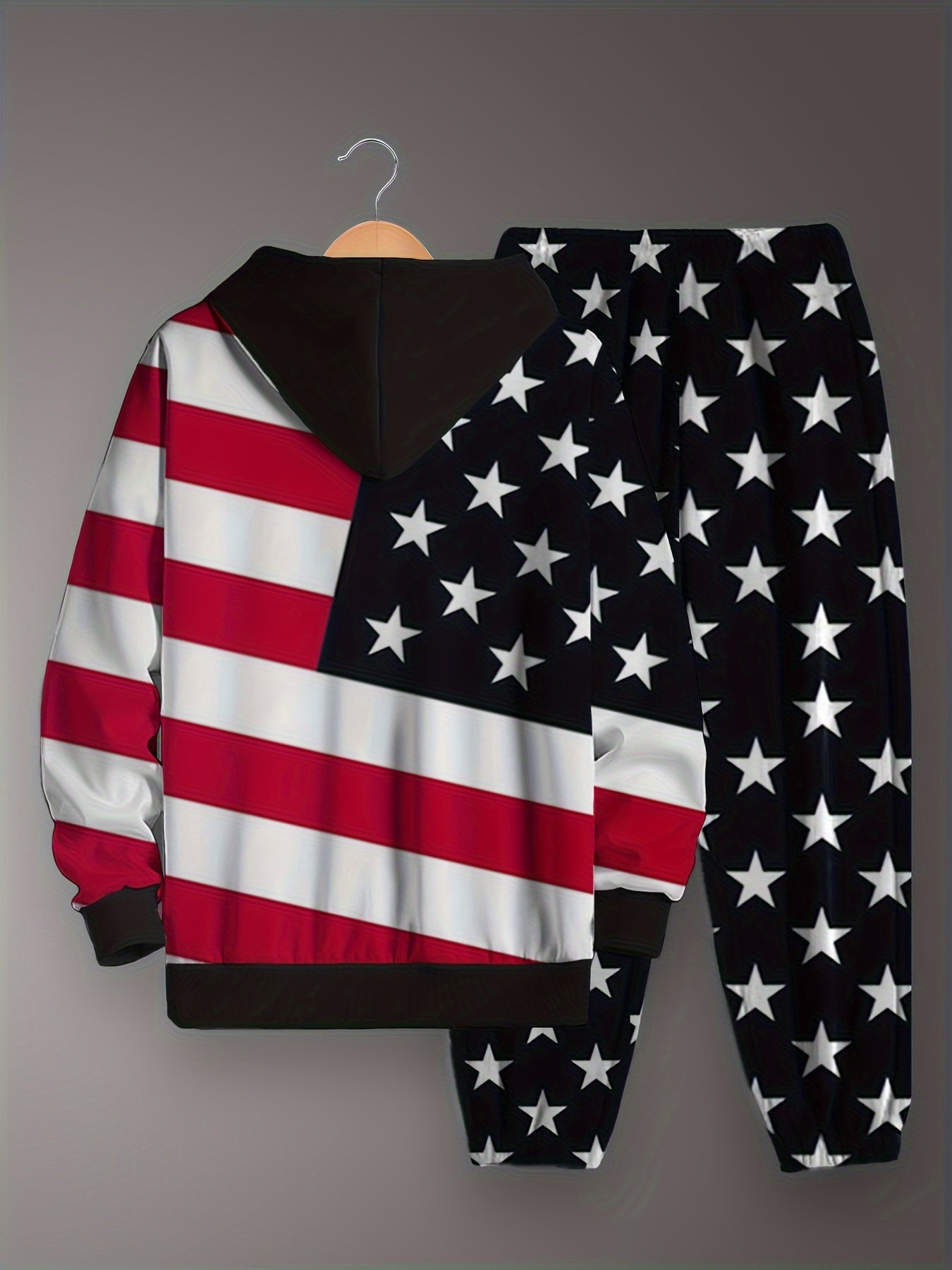 1set Youth American Flag Print Hoodie and Pants Set - Casual Style Polyester Knitwear with Spandex Stretch, Regular Fit, Geometric Pattern, Pockets - Perfect Outfit for Little Champions, Kids Clothing Gift Idea, For Outdoor
