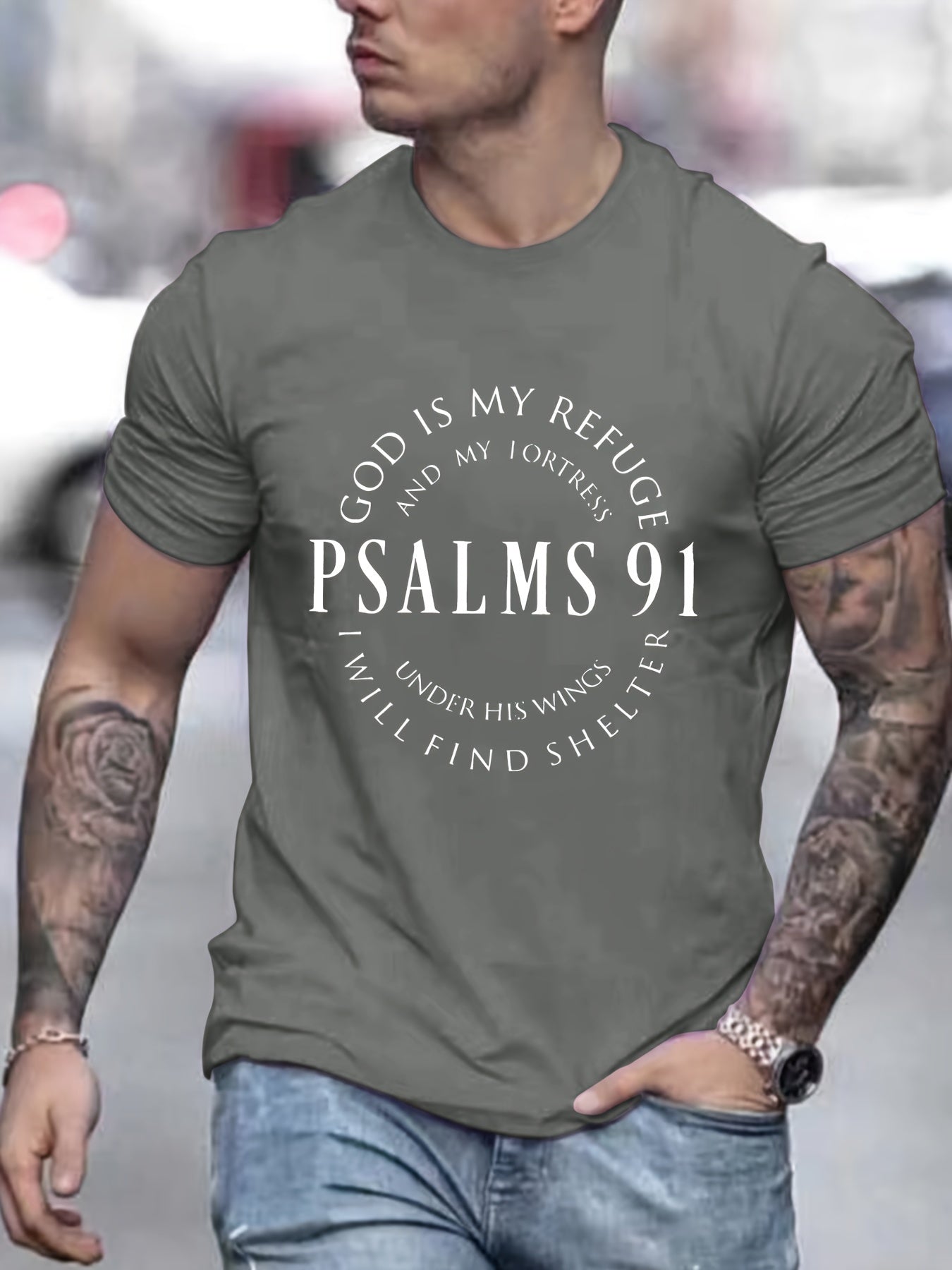 Men's Graphic Tee with PSALMS 91 & Ring Pattern Print - Trendy Summer Clothes for Men