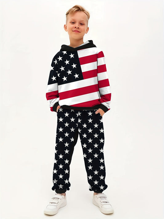 1set Youth American Flag Print Hoodie and Pants Set - Casual Style Polyester Knitwear with Spandex Stretch, Regular Fit, Geometric Pattern, Pockets - Perfect Outfit for Little Champions, Kids Clothing Gift Idea, For Outdoor