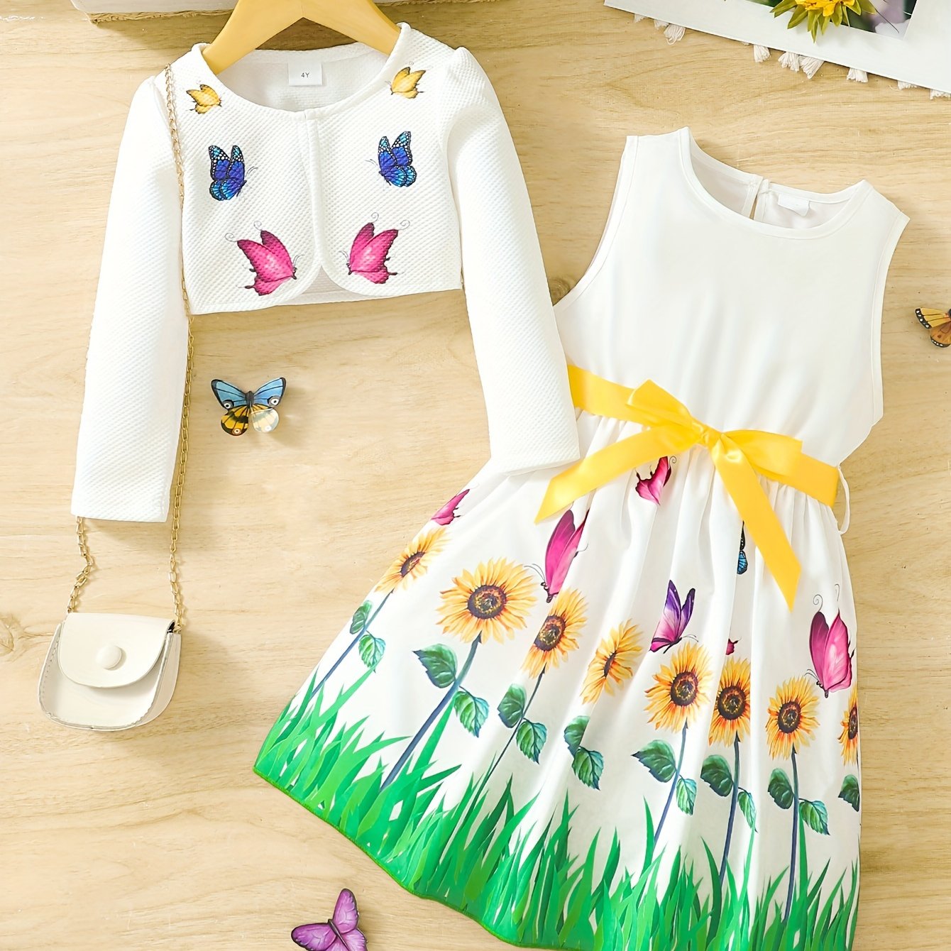 2pcs Little Girl Butterfly Dresses Outfit: Floral Tank Dress And Graphic Cardigan Top Set, For Cute And Casual Look, Kids Clothing Gift
