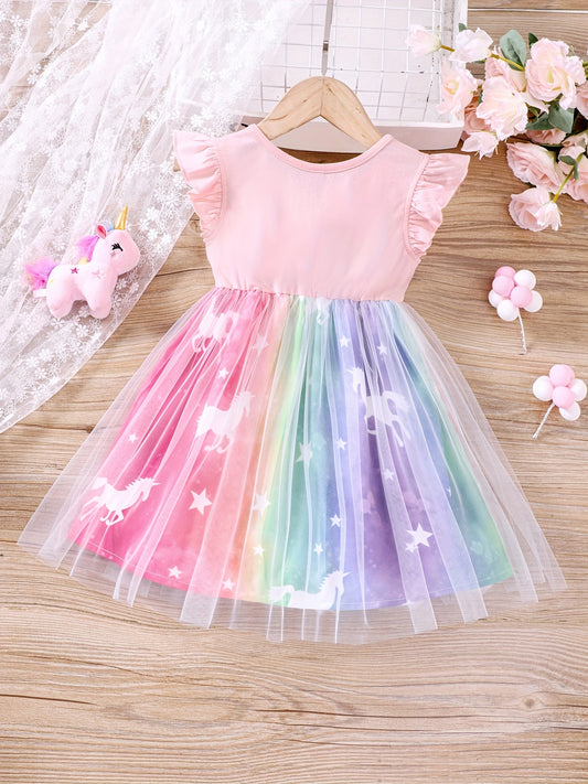 Unicorn Ruffled Sleeveless Dress for Girls, Summer Kids Clothing with Mesh Detail